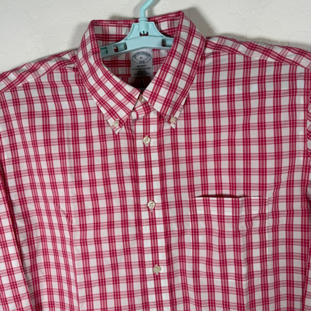 Brooks Brothers Shirt Mens XL Pink Red Plaid Regent Non-Iron Long Sleeve Oxford